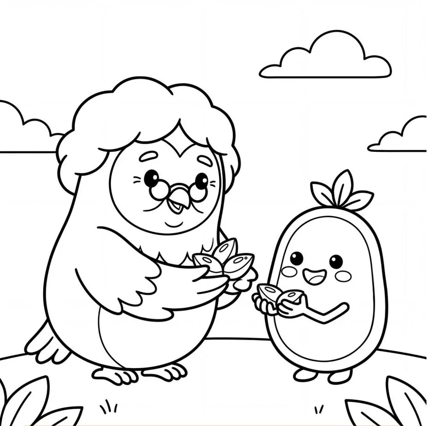 Página para colorir do livro: a Vovó Coruja entrega três sementinhas ao Brotinho, em traço preto sobre fundo branco